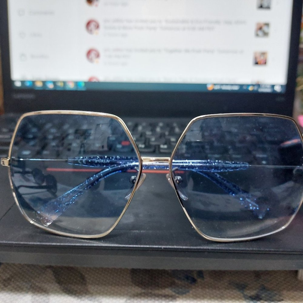 Furla SFU234 Trendy Thin Frames Sunglasses Chic Beautiful Glittering Blue Handle